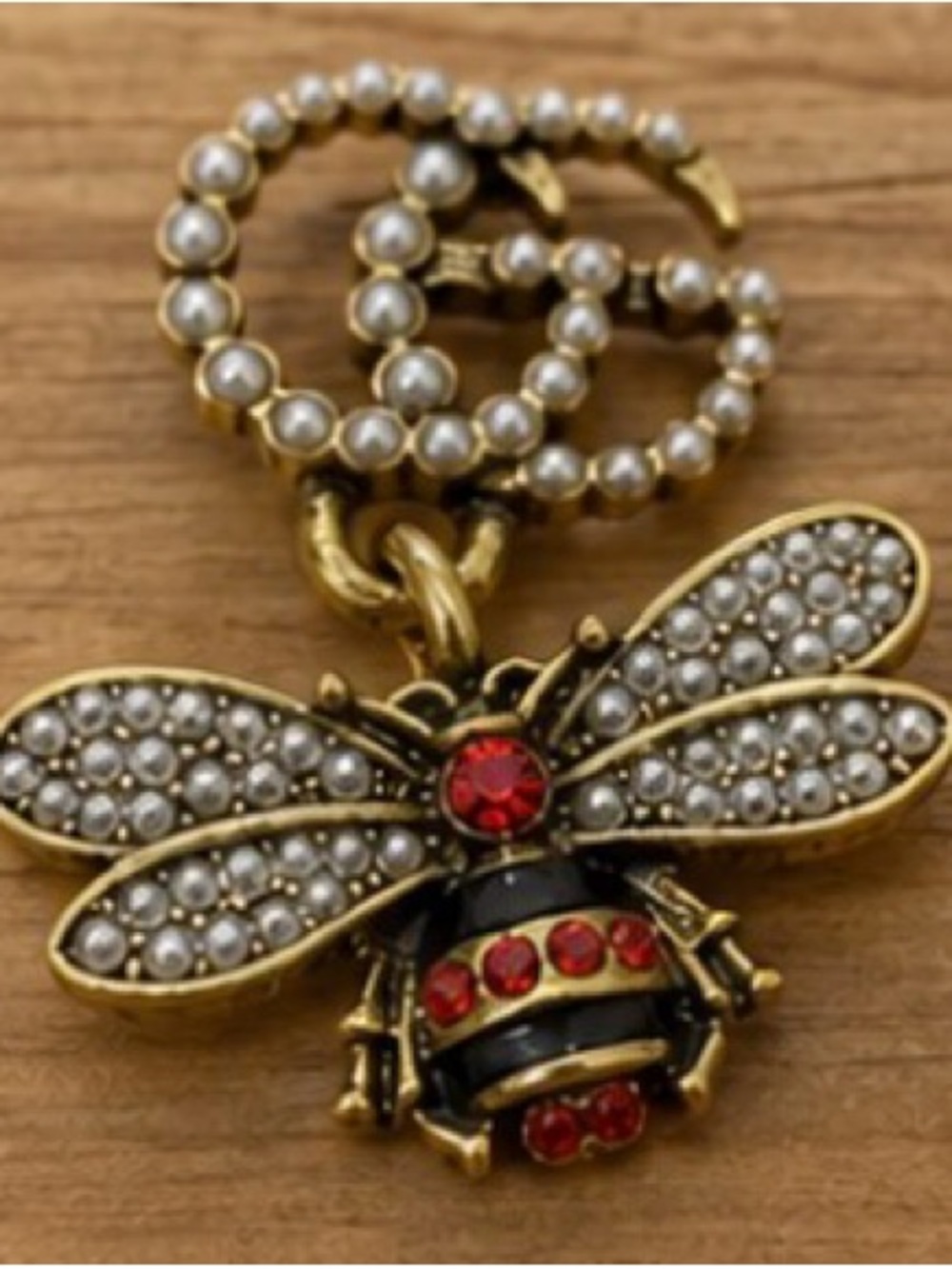 Designer Inspired Pearl Bee Drop Earrings Gold Red Rhinestone - Picture 3 of 6